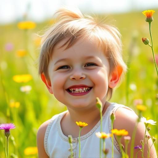 Bambina sorridente in un prato fiorito sotto la luce del sole