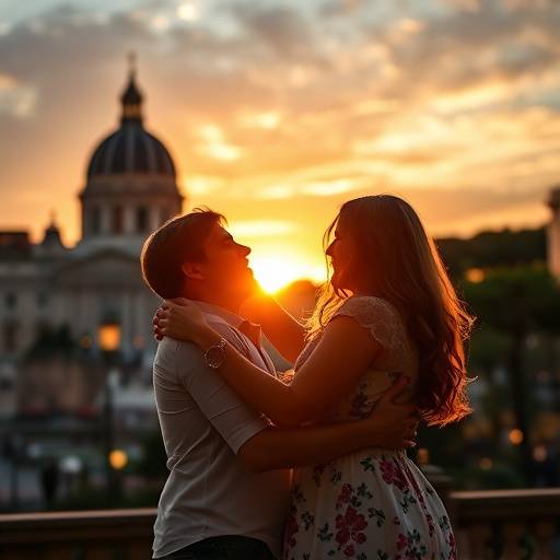 Coppia di sposi che si abbracciano al tramonto a Roma