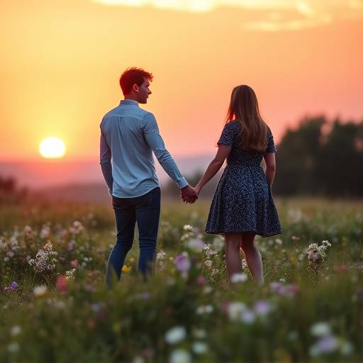 Coppia di sposi che si tengono per mano su un prato fiorito al tramonto, circondati da un'atmosfera romantica.