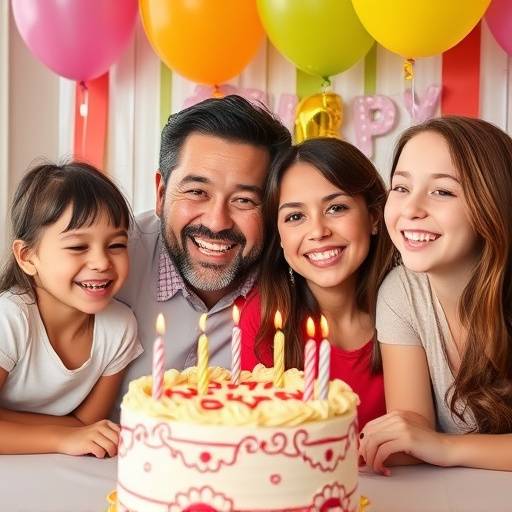 Famiglia sorridente durante una festa di compleanno con torta e palloncini