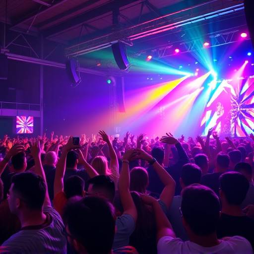 Folla entusiasta durante un concerto con luci colorate