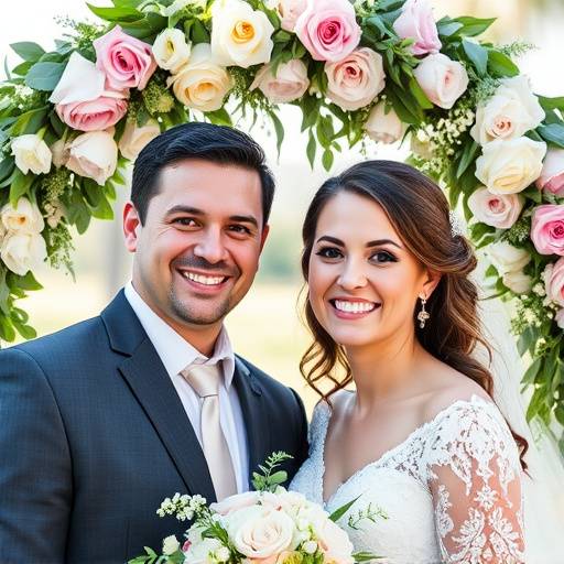 Fotografia di una coppia felice sorridente sotto un arco fiorito durante un matrimonio