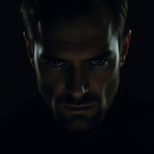 Primo piano di un uomo con sguardo intenso e luce drammatica