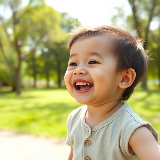 Ritratto di bambino che ride in un parco con luce naturale