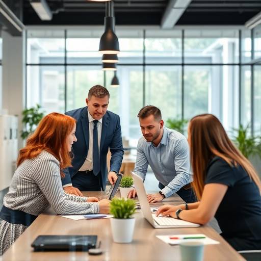 Team di professionisti che collaborano in un ambiente di lavoro moderno, fotografia aziendale
