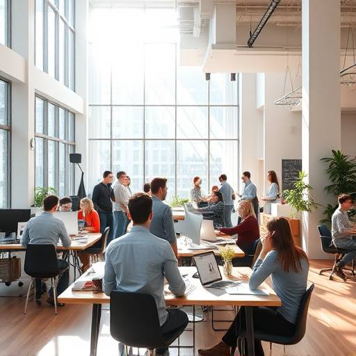 Ufficio open space con persone che collaborano e luce solare