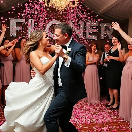 Un'istantanea dinamica di un matrimonio, con gli sposi che danzano felici sotto una pioggia di petali.