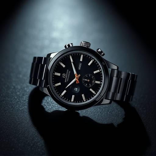 Un orologio di lusso posato su una superficie scura e lucida, con un gioco di luci e ombre che ne esalta la manifattura.