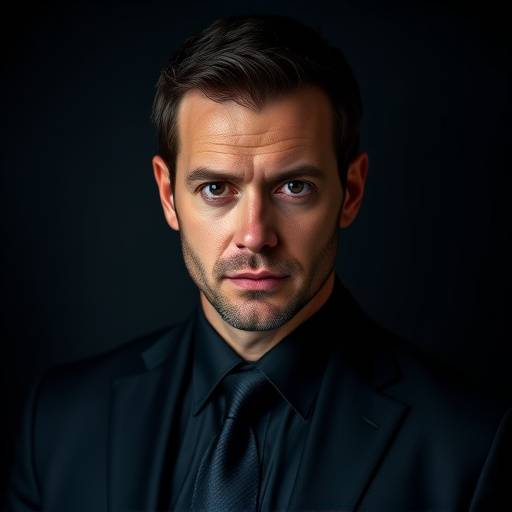 Uomo in abito scuro con sguardo intenso, ritratto professionale per LinkedIn